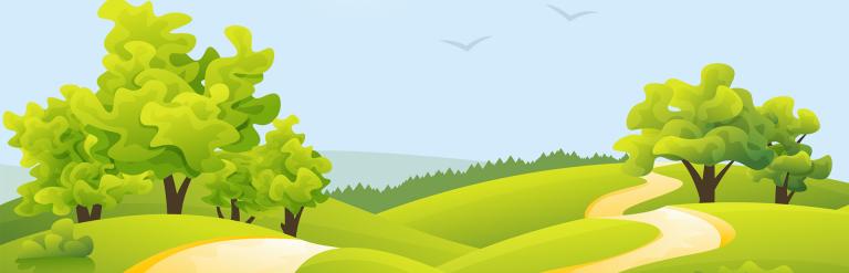 A digital graphic of a golden road running through green hills with trees in the distance.